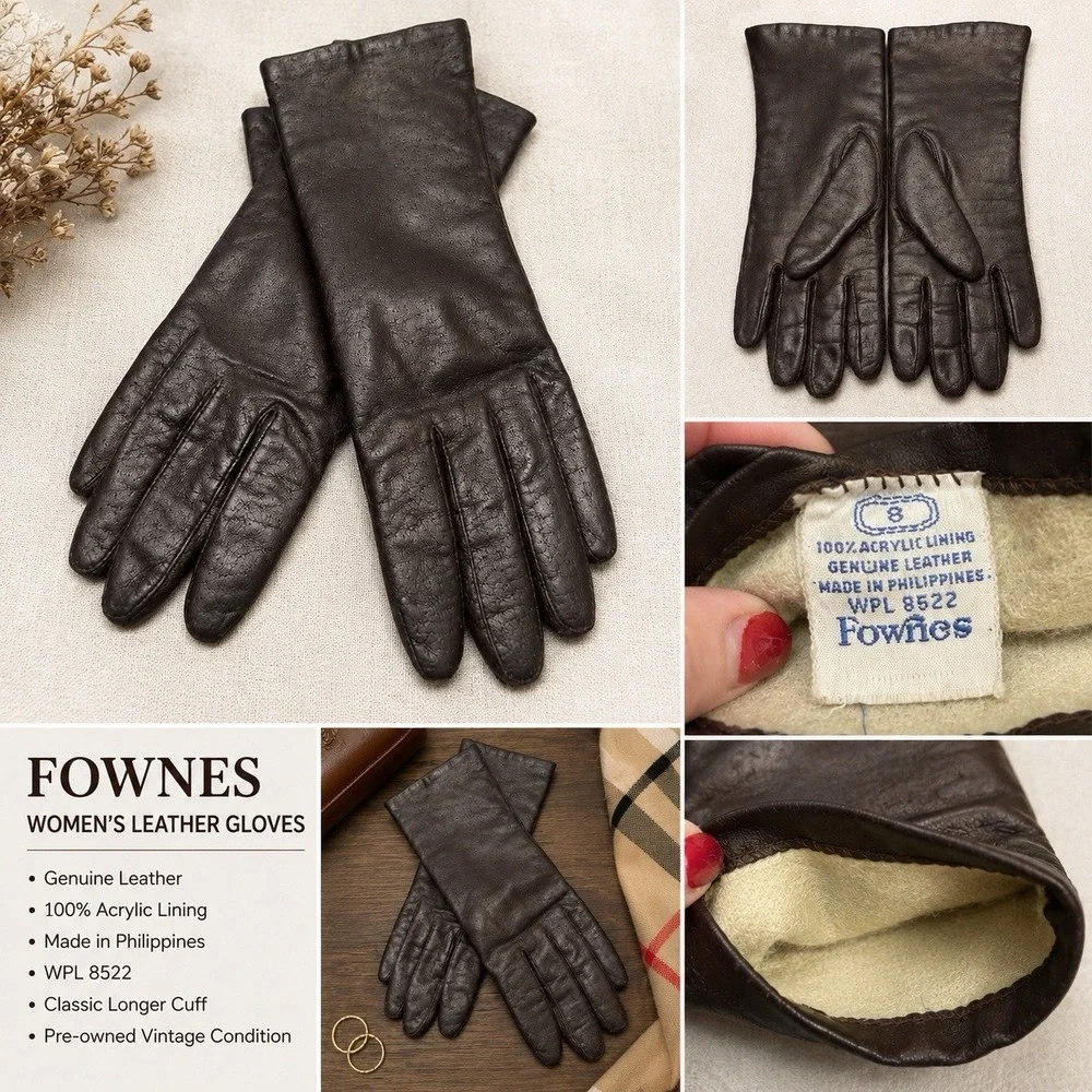Fownes Women's Brown Genuine Leather Gloves Acrylic Lined Made Philippines